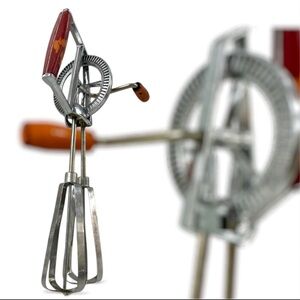 Vintage Hand Crank Egg Beater Mixer Red Wood Handles USA Made